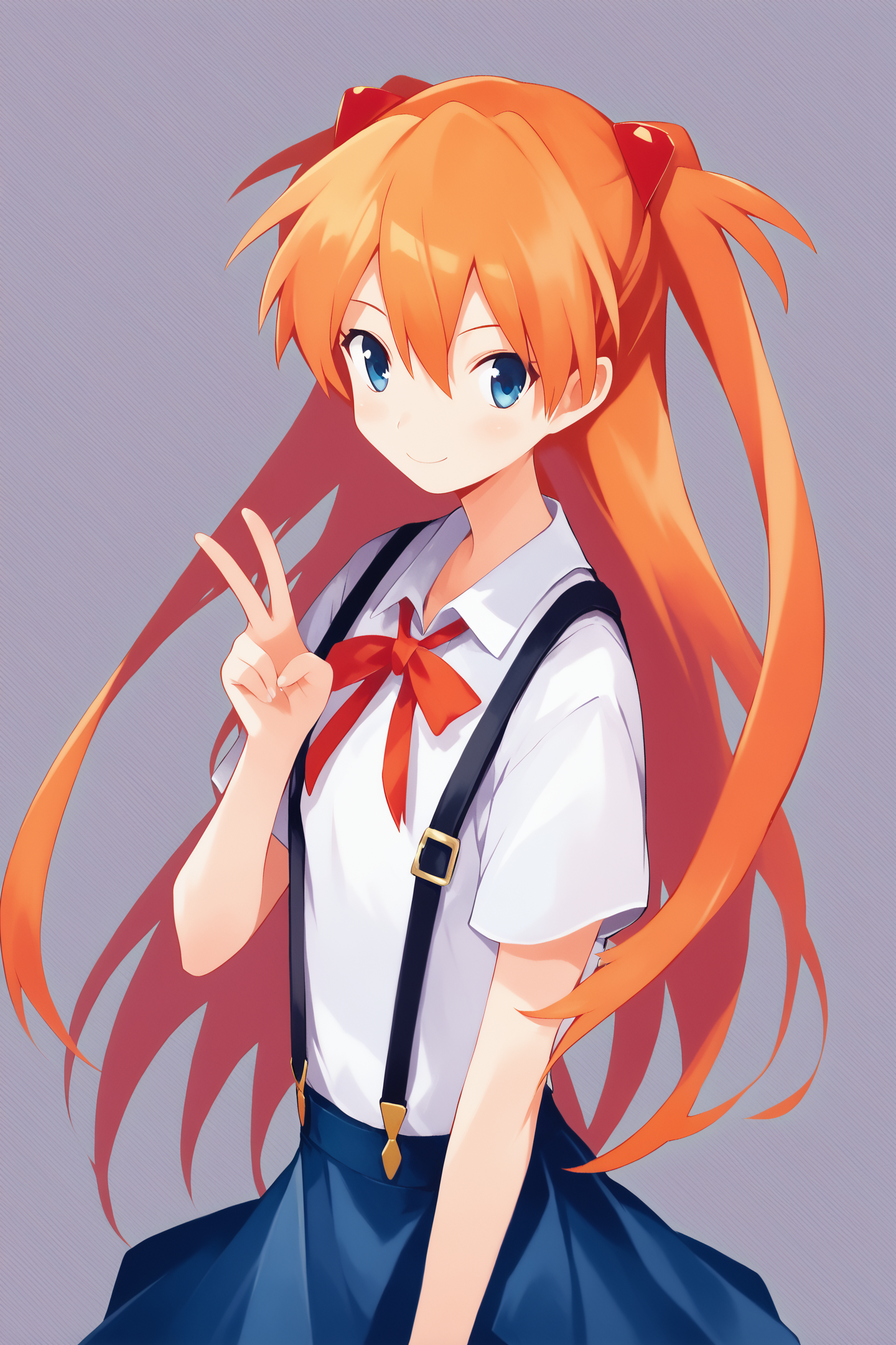 score_9,score_8_up,score_7_up,masterpiece,best quality,
1girl,souryuu asuka langley,solo,long hair,school uniform,blue eyes,smile,white background,ribbon,shirt,simple background,v,orange hair,short sleeves,skirt,red ribbon,neck ribbon,white shirt,bangs,hair between eyes,looking at viewer,tokyo-3 middle school uniform,closed mouth,two side up,hair ornament,suspender skirt,interface headset,suspenders,cowboy shot,blue skirt,
<lora:Keiji Yamamoto_XL_PONY:1.4>,