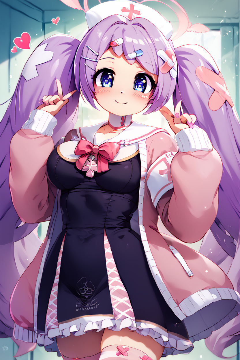 score_9, score_8_up, score_8, medium breasts, (curvy), cute, eyelashes,       BREAK, , ,,, zzHanae, blue eyes, purple hair, long hair, twintails, halo, hair ornament, hat pink jacket, white sailor collar, mismatched legwear, striped thighhighs, nurse outfit, black dress, <lora:Hanae_BlueArchive_PDXL:1.0>,   ,,,, BREAK, smile, closed mouth, looking at viewer, cowboy shot, ,,, embedding:zPDXL, Expressiveh, ,,, <lora:Konpeto_PDXL_v3:1.0>, <lora:SDXLFaeTastic2400:0.5>, <lora:Expressive_H-000001:0.4>,