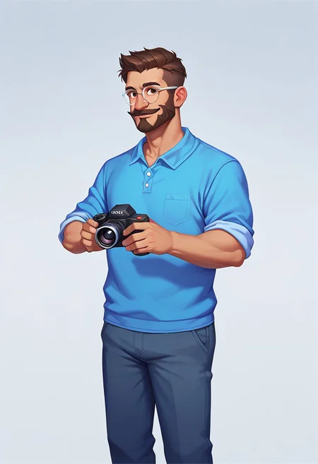 score_9, score_8_up, score_7_up, Casgas BREAK, 1boy, man, mature, solo, preppy style, hipster, photographer, big nose, medium build, brown eyes, brown short hair, thick beard and mustache, handsome, smile, blue sweatshirt with light blue small circles, red plaid shirt with purple stripes, shirt with sleeves rolled up to the elbow, gray camera on a leather strap, camera, gray denim pants, round glasses with silver frame, BREAK holding a camera with both hands, looking at viewer, standing, semi-sideways, half-sideways, medium shot, BREAK simple background, gradient, gray gradient background