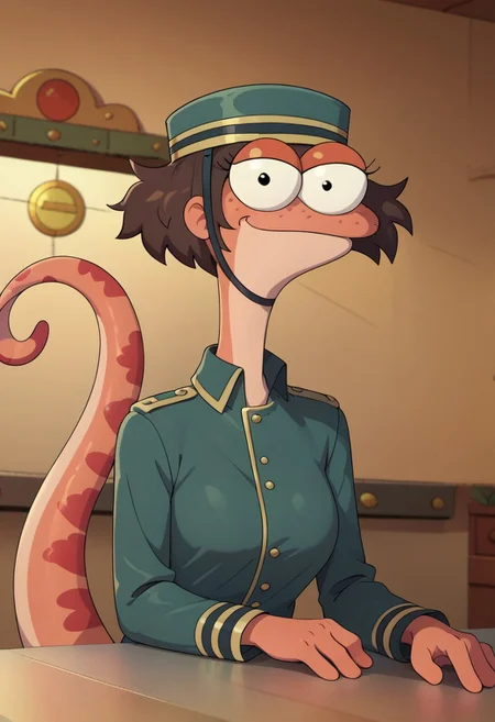 ((bedroom background)),score_9, score_8_up, score_7_up,score_6_up,
1girl, Solo, furry, female newt, bella_amphibia, dark brown hair, short messy hair, black eyes, big eyes, salmon skin, light underbelly, freckles, long salmon tail with dark patterns, dark aquamarine doorman hat with gold lines, dark aquamarine doorman jacket with gold details, petrol blue pants with gold trim, barefoot, medium stature, social smile, sexy face, close-up, face photo, perfect eyes, perfect smile, looking at the viewer, big breasts, detailed eyes, perfect eyes