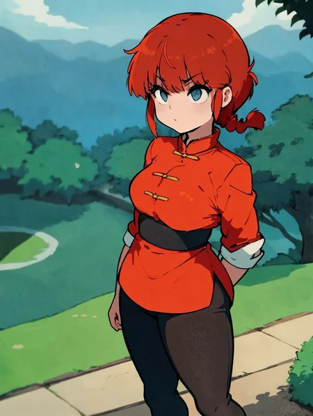 best quality, masterpiece,anime,saotomeranma,1girl, mizu, standing with a japanese garden in the background, <lora:ranma_v1:0.8>, chinese clothes,red hair, black pants, posing