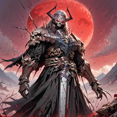 safe_pos, score_9, score_8_up, score_7_up, source_anime, best quality, epic, high quality, masterpiece, nsfw, perfect composition, intricate details, brutal  BREAK armor, full armor, knight, skull, mask, horns, pauldrons, fight, battle, one against multiple enemies, blood, sword striking, dead enemis, action shot, full body, evil looking, glowing eyes, BREAK {{{one man in skull mask fighting with sword against multiple enemies, swing sword}}}BREAK battlefield, arrows, swords, dead knights, mountains, dark clouds, red moon, clouds, light filtering