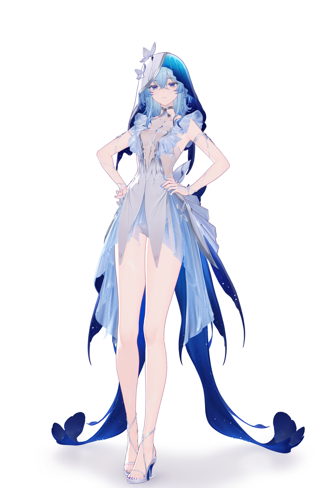 8k, best quality, masterpiece, (ultra-detailed), (high detailed skin), (by nanoless, by misumi \(macaroni\):0.25), 
full body, full shot, standing, looking at viewer, (solo:1.2), simple background, white background, hand on own hip, solo, 
<lora:shouanren-atw2-Tanger:0.8>, white dress, veil, shouanren, default clothes, 1girl, blue hair, blue eyes, dress, hood, 
A full-body portrait of a young girl, standing gracefully, pastel art style, high-key lighting, shoujo manga influence, hd quality, delicate details,