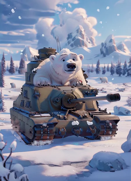 <lora:Tortoise_Tank_SDXL:1> a cute trtsetnk tank in a snowy landscape surrounded by cute white polar bears, <lora:Cute_3D_Cartoon:1>
