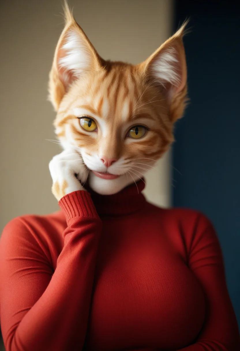 score_9, score_8_up, score_7_up, score_6_up, score_5_up, score_4_up,
source_furry,
female, anthro, red turtleneck sweater, feline, tabby cat, smile, looking at viewer, hand on own chin, yellow eyes, inner ear fluff, large breasts, smirk, closeup  
<lora:wreal_consolidated:0.5>