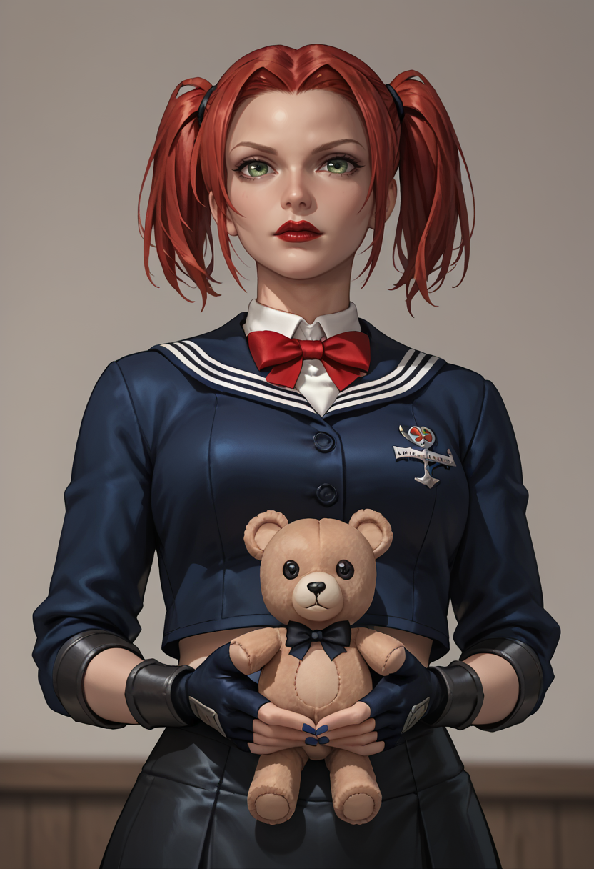 <lora:Schoolgirl_Rayne:0.5>, score_9, score_8_up, score_7_up,score_6_up, score_5_up, score_4_up, 1girl, solo, mature woman, bloodrayne, bowtie, fingerless gloves, dark blue nail polish, green eyes, red lipstick, redhead, serafuku, black skirt, twintails, looking at viewer, close up, holding teddy bear with two hands, bedroom