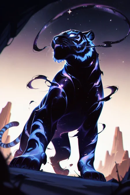 masterpiece, <lora:NV_Celestial_Skin_IL:1> nv-celestialskin, colored skin, void cosmic body, stars, black skin, chromatic aberration,
giant tiger, in a canyon, from below, dutch angle,monster, glowing eyes, animal focus, dissolving ,