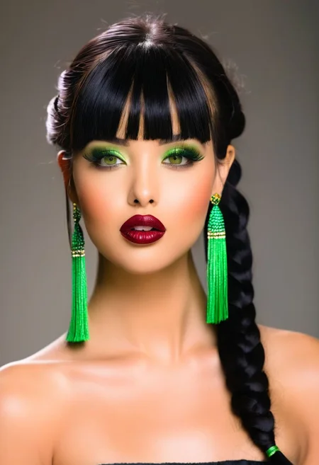 1girl, bare shoulders, bellissima, black hair, bangs, blurry, earrings, green eyes, lips, lipstick, long hair, looking at viewer, makeup, realistic, simple background, solo, twin braids