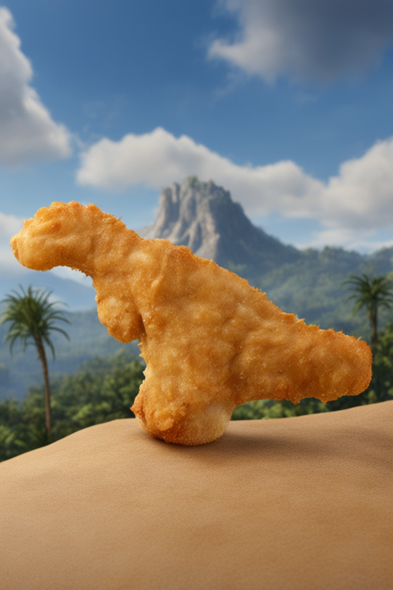DinoNugget food, tyrannosaurus, standing on rock, in prehistoric times,
realistic, high res
<lora:DinoNuggets_JuggernautXL_8_v2:1>