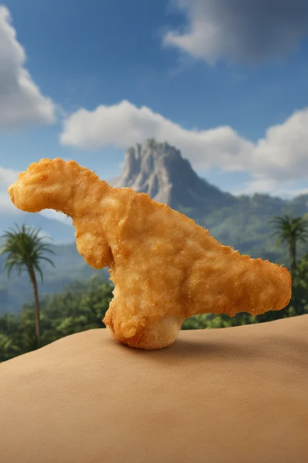 DinoNugget food, tyrannosaurus, standing on rock, in prehistoric times,
realistic, high res
<lora:DinoNuggets_JuggernautXL_8_v2:1>