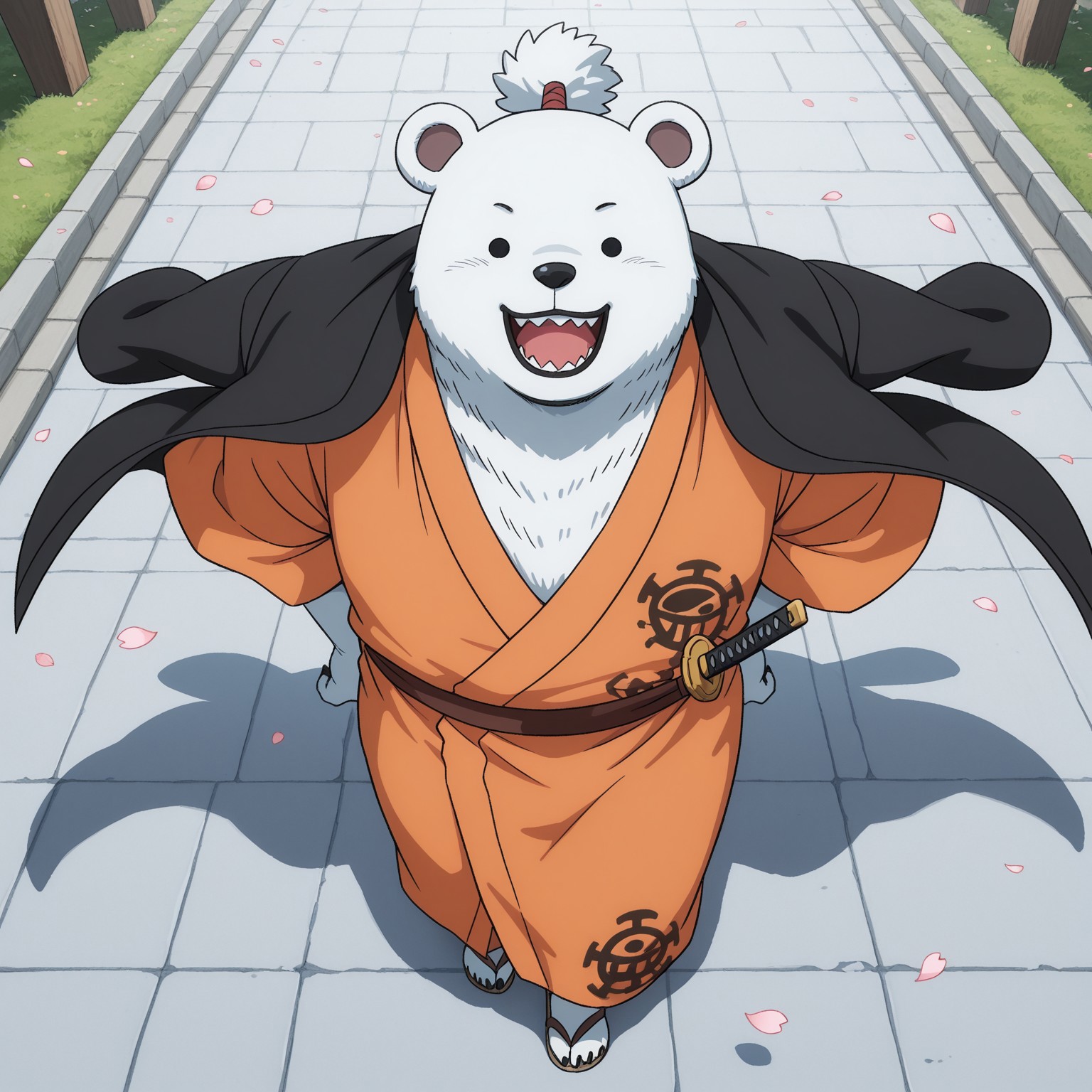 best quality, amazing quality, very aesthetic, absurdres, newest, masterpiece, OPBepo, Solo, 2d, male, 1boy, polar bear, white fur, no sclera, dot eyes, black eyes, black nose, black claws, puffy white topknot, orange yukata, sandals, brown sash, black coat hanging over shoulders, sheathed katana

BREAK from above, Sakura petals, walking, looking at viewer, smiling, happy, open mouth smile