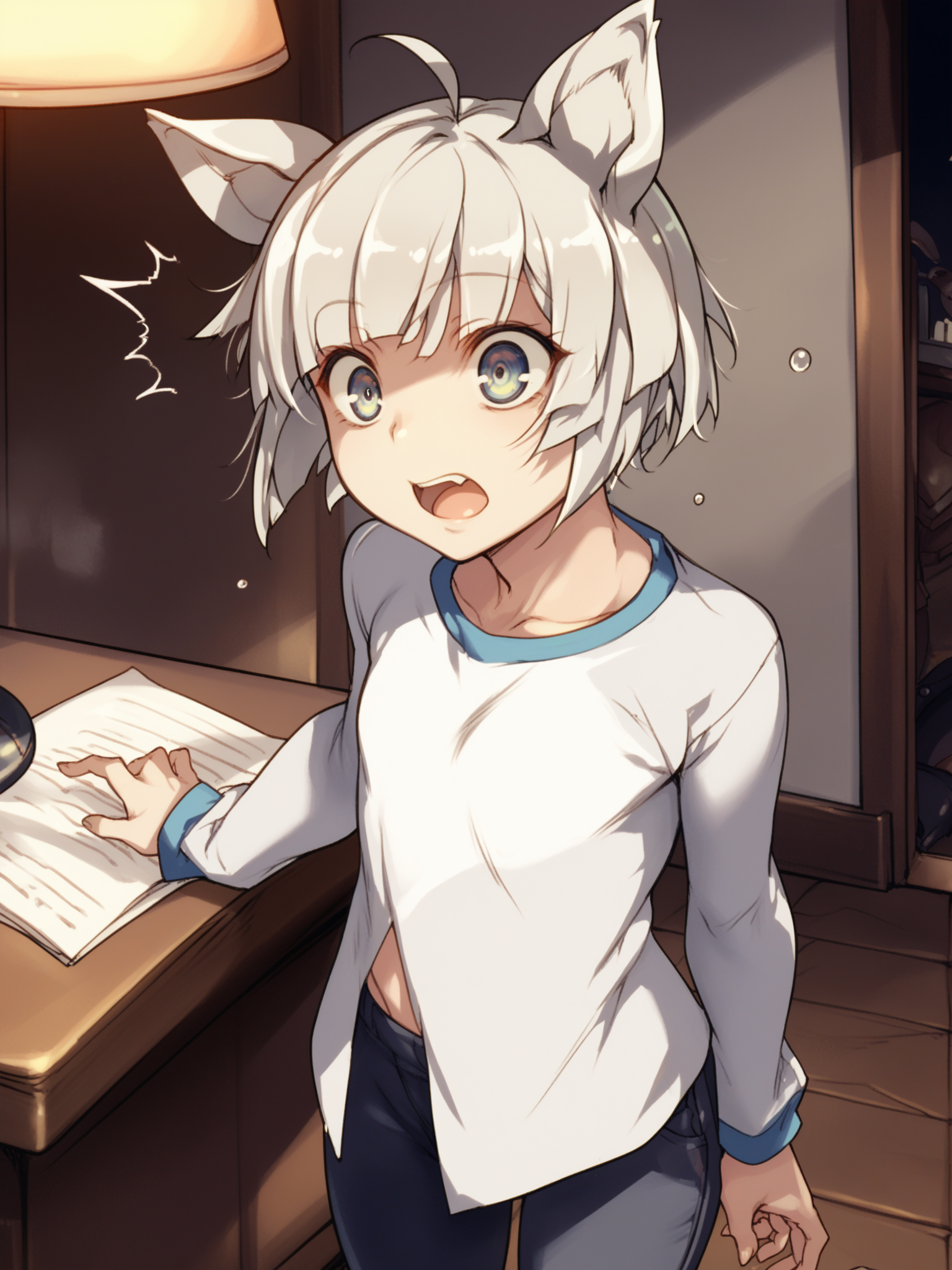 <lora:happy_tentacle-elin-v0.2-000028:1>, ht_elin, animal ears, shirt, pants, indoors , 1girl, solo, , , ( surprised :1.2), , , , facing viewer , score_9, score_8_up, score_7_up, score_6_up, score_5_up, score_4_up