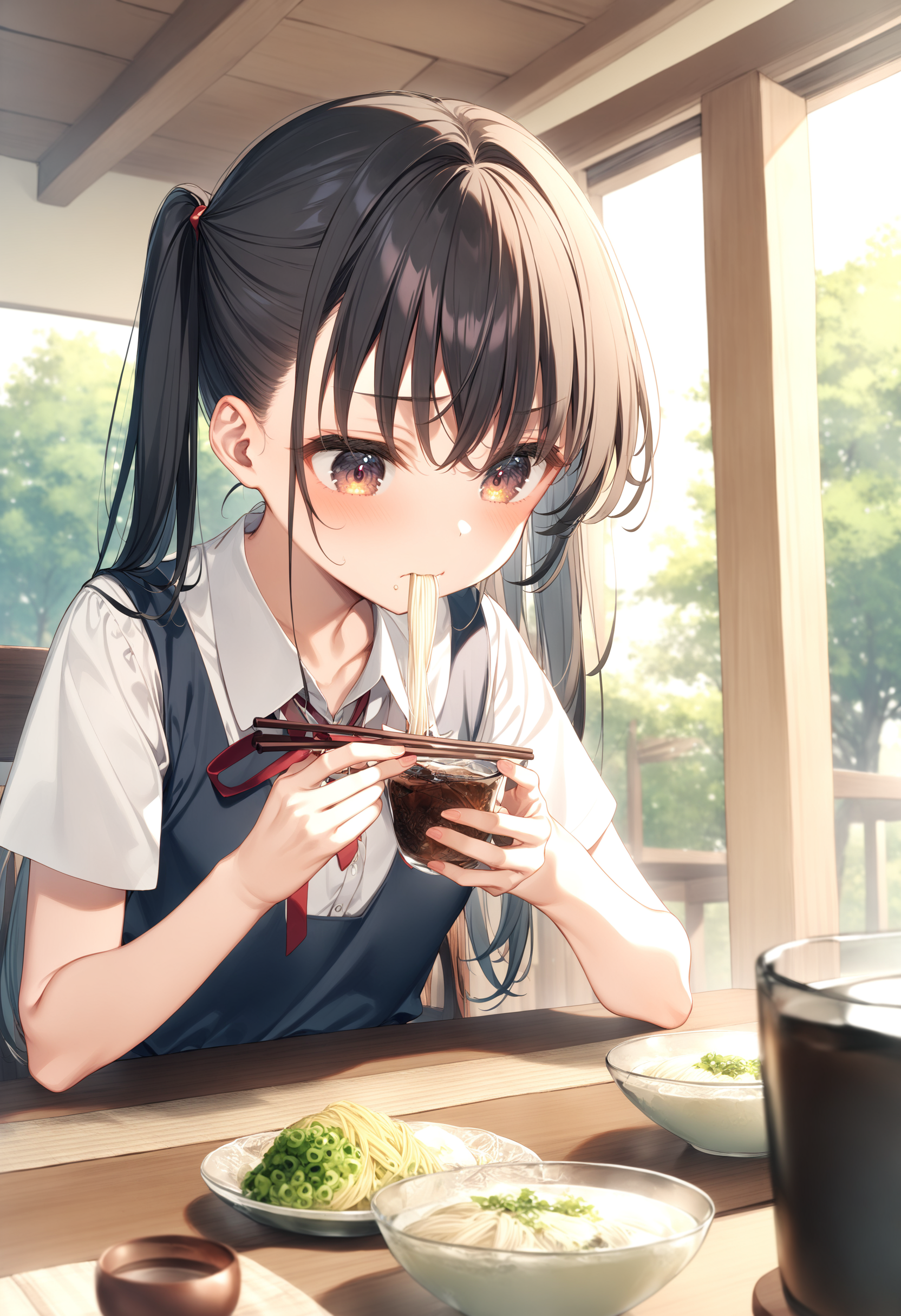 1girl, sincos, ningen mame, toosaka asagi,<lora:sdxl2-flat2-512b:-1>,medium breasts,school uniform, short sleeves, brown eyes,
soumen, chopsticks, food, eating, noodles, holding bowl, sitting,day, table, indoors, <lora:soumen_XL_v1:0.8>
ceiling, portrait, looking down, frown, closed mouth,
masterpiece,best quality, very aesthetic, absurdres,