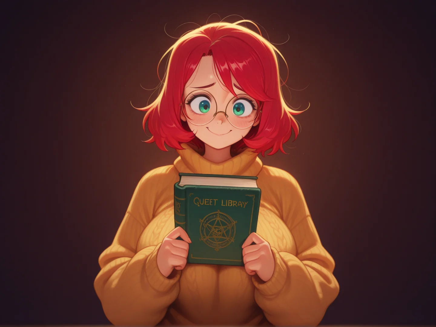 1girl, geek girl, oversized sweater, slacks, large breasts hidden, shy smile, messy hair, round glasses, soft lighting, book in hand, quiet library background
<lora:DarkfireStyle17:1>