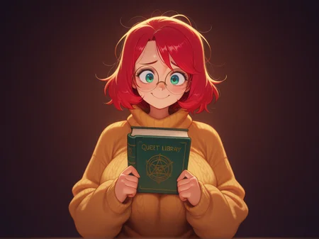 1girl, geek girl, oversized sweater, slacks, large breasts hidden, shy smile, messy hair, round glasses, soft lighting, book in hand, quiet library background
 <lora:DarkfireStyle17:1>
