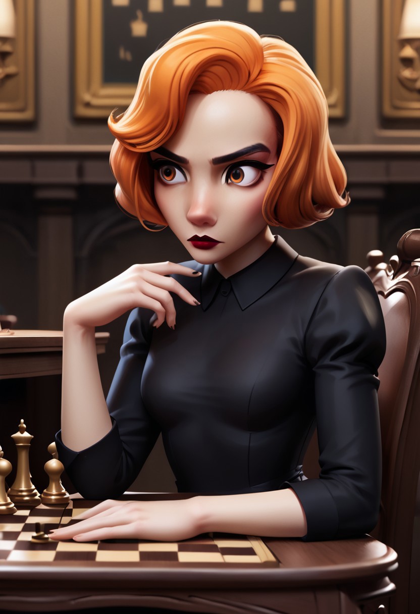 score 9, score 8, score 7, score 6, 1
girl, solo, bethh, upper body, sitting on a chair, sitting at a desk, looking a chess board on the table, focused, staring, black dress, collared dress, bethhb, orange hair, orange eyes, makeup, lipstick, lips, hands on table, looking down
tavern background, 
small breasts, zPDXL, from the side,