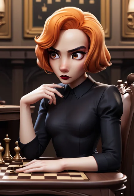 score 9, score 8, score 7, score 6, 1
girl, solo, bethh, upper body, sitting on a chair, sitting at a desk, looking a chess board on the table, focused, staring, black dress, collared dress, bethhb, orange hair, orange eyes, makeup, lipstick, lips, hands on table, looking down
tavern background,
small breasts, zPDXL, from the side,