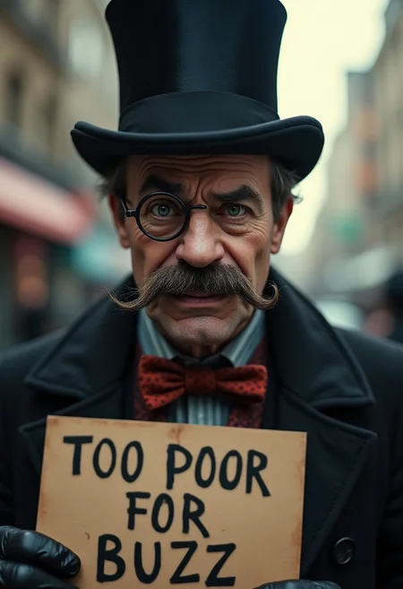 top hat, moustache, cinematic film still, (Skin Texture, pores, natural,iPhone,RAW)), natural lighting, Highest Quality closeup Portrait photo of a villainous man wearing top hat and monocle, sad face, twirling his moustache, Nikon Z9, realistic matte skin,
holding a sign that says 'TOO POOR FOR BUZZ',
blurry city in the background, daytime, epic, gorgeous, 8K,