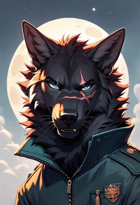 score_9, score_8_up, score_8, black wolf, male, fang, whiskers, black Fur, fluffy wolf tail, lean, blue eyes, fluffy neck fur, wearing thick military jacket, digital painting, solo, portrait,  flat color, soft lighting, Rolled up sleeves, head shot, stern look on face, 5finger, moon as background, looking at viewer, 1scar on nose,