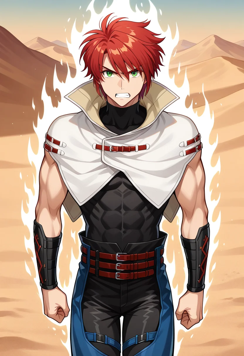 1boy, solo, forukashura, muscular, red hair, short hair, green eyes, capelet, high collar, bracer, sleeveless shirt, sleeveless, turtleneck, belt, pants, chaps, white aura, walking, outdoors, desert, cowboy shot, straight-on, looking at viewer, angry, teeth,