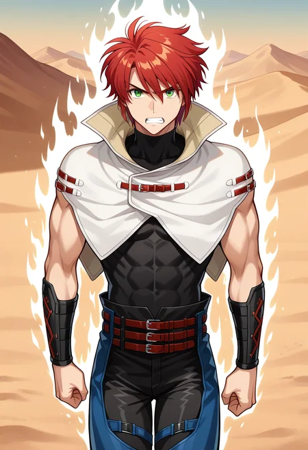 1boy, solo, forukashura, muscular, red hair, short hair, green eyes, capelet, high collar, bracer, sleeveless shirt, sleeveless, turtleneck, belt, pants, chaps, white aura, walking, outdoors, desert, cowboy shot, straight-on, looking at viewer, angry, teeth,