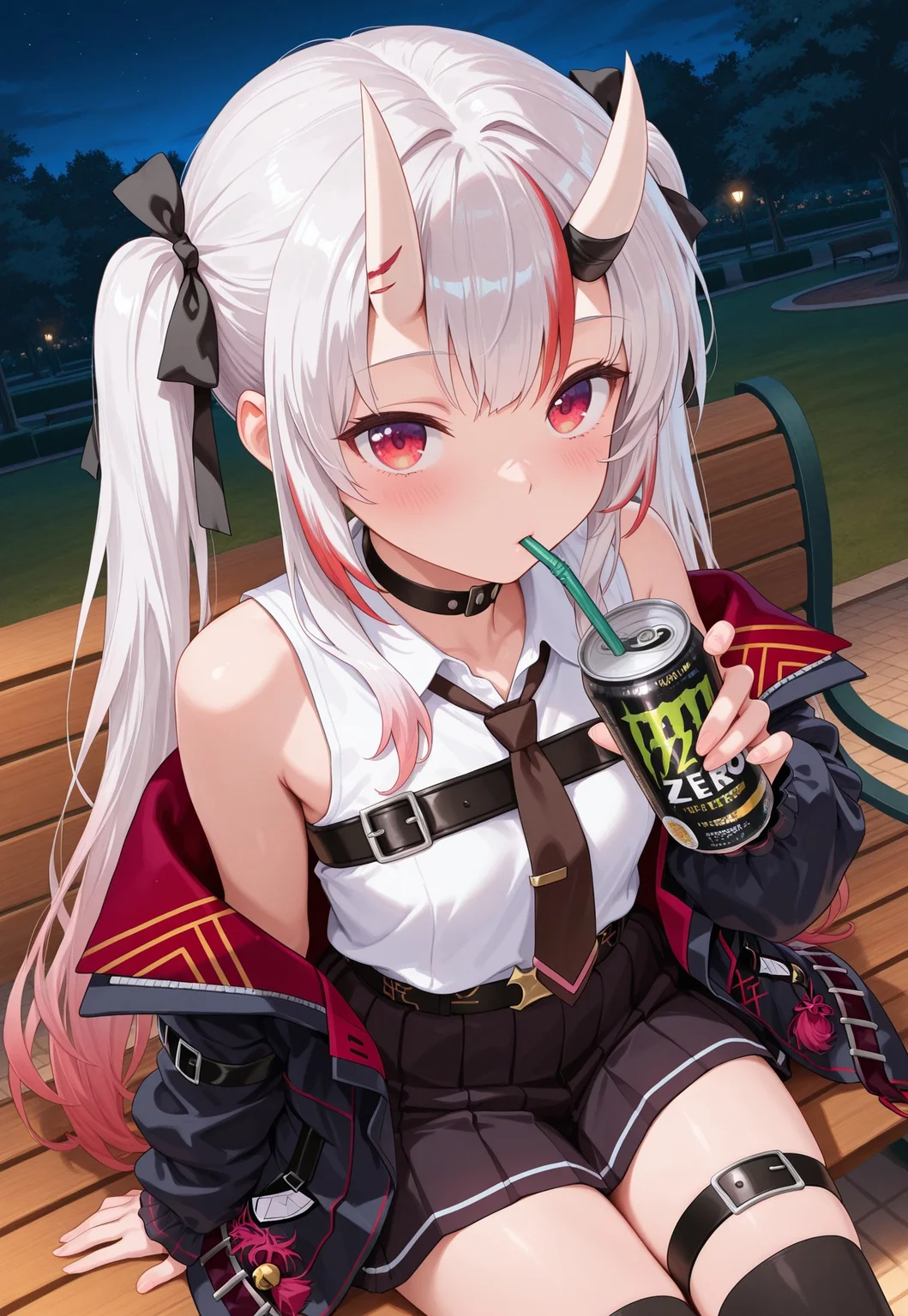 masterpiece, best quality, amazing quality, masterpiece, High quality, Ultra detailed, 2d, newest, absurdres, highres, outdoors, park, night, from above, drink, can, strong zero, drinking straw, sitting, on bench, looking up, looking at viewer, nakiri ayame, oni, oni horns, white hair, red hair, streaked hair, gradient hair, red eyes, ayamestreetwear, long hair, twintails, hair ribbon, black ribbon, white shirt, sleeveless shirt, chest belt, necktie, black jacket, off shoulder, choker, black skirt, pleated skirt, thighhighs, thigh strap, drinking,