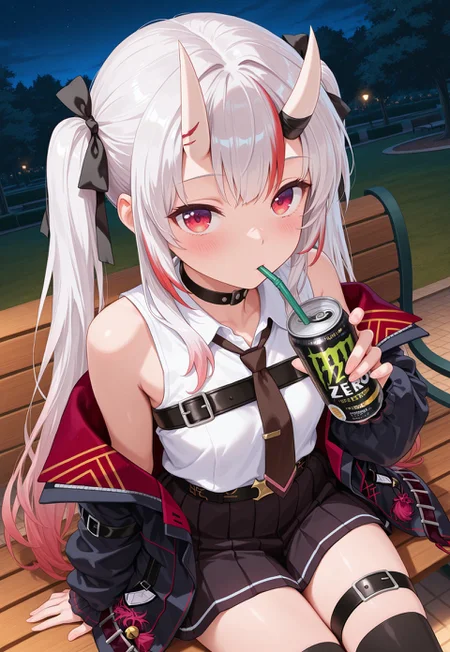 masterpiece, best quality, amazing quality, masterpiece, High quality, Ultra detailed, 2d, newest, absurdres, highres, outdoors, park, night, from above, drink, can, strong zero, drinking straw, sitting, on bench, looking up, looking at viewer, nakiri ayame, oni, oni horns, white hair, red hair, streaked hair, gradient hair, red eyes, ayamestreetwear, long hair, twintails, hair ribbon, black ribbon, white shirt, sleeveless shirt, chest belt, necktie, black jacket, off shoulder, choker, black skirt, pleated skirt, thighhighs, thigh strap, drinking,