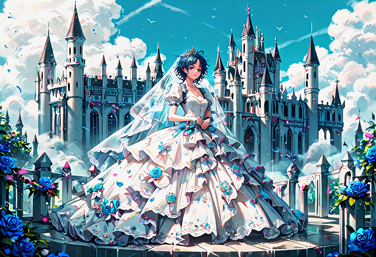 <lora:WD-XLPony_006:0.7>, 
1girl, dark, messy hair, wedding dress, clothing with intricate frills and embroidery, bridal veil, luxurious clothing, 
castle, 
detailed background, incredibly absurdres, colorful, 
HD, hyper detailed, ultra detailed, score_9, score_8_up, score_7_up, source_anime, perfect anatomy, masterpiece, best quality, very aesthetic