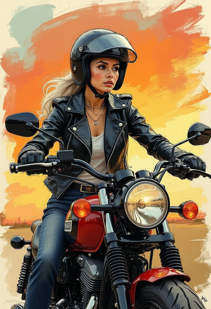 colored sketch in the style of ck-ccd, young Asian woman wearing a motorcycle helmet, long loose platinum hair, sitting on a large powerful motorcycle, leather jacket, sunset, in orange hues