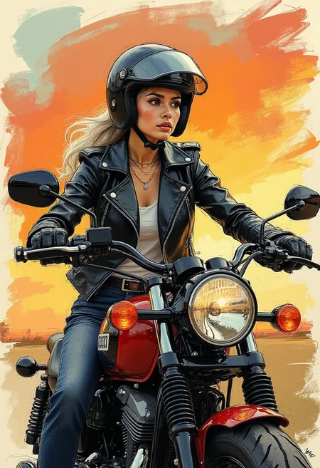colored sketch in the style of ck-ccd, young Asian woman wearing a motorcycle helmet, long loose platinum hair, sitting on a large powerful motorcycle, leather jacket, sunset, in orange hues