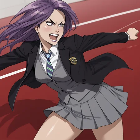 <lora:VampbladePurple_pony_v1:1>KatiePurple, 1girl, purple hair, long hair,  medium breasts, cowboy shot,  <lora:1014 Home wear 32_v1_pony:1> uanyi1014,black jacket,grey skirt,grey vest,pleated skirt,striped necktie,clasp,