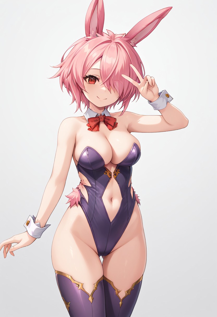 score_9, score_8_up, score_7_up,masterpiece, best quality, absurdres, extremely detailed,2d,source anime,1girl,pink hair,red eyes,purple suit,thighhighs,cleavage,short hair,hair over one eye, rabbit girl,rabbit ears,smile,jumping,v,dynamic pose,cowboy shot