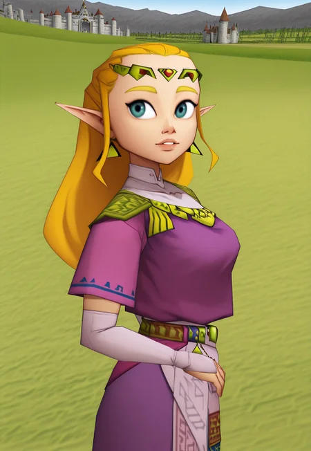 raichiyo33, upper body, parted lips, facing viewer, looking to the side, (low poly), 3d, an animated character, BREAK 1girl, solo, princess zelda, long hair, tiara, earrings, triforce, blonde hair, blue eyes, breasts, grassy field, castle