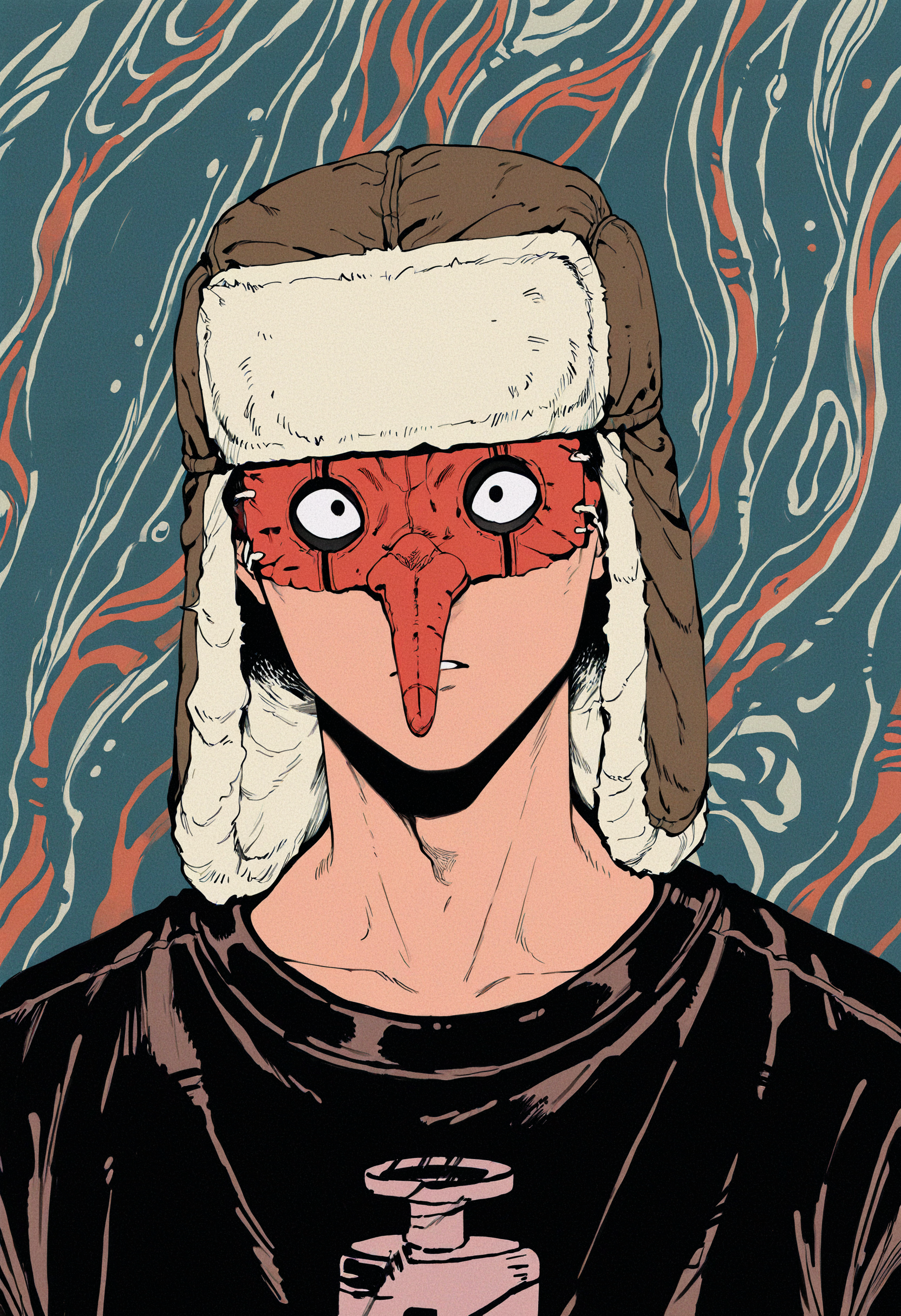 masterpiece, best quality, newest, absurdres, highres, very awa, 1boy, male, male focus, fujita \(dorohedoro\), (limited palette:1.2), portrait, ushanka, black shirt, print shirt, t-shirt, ushanka, brown hat, tengu mask, eye mask, red mask, black eyes