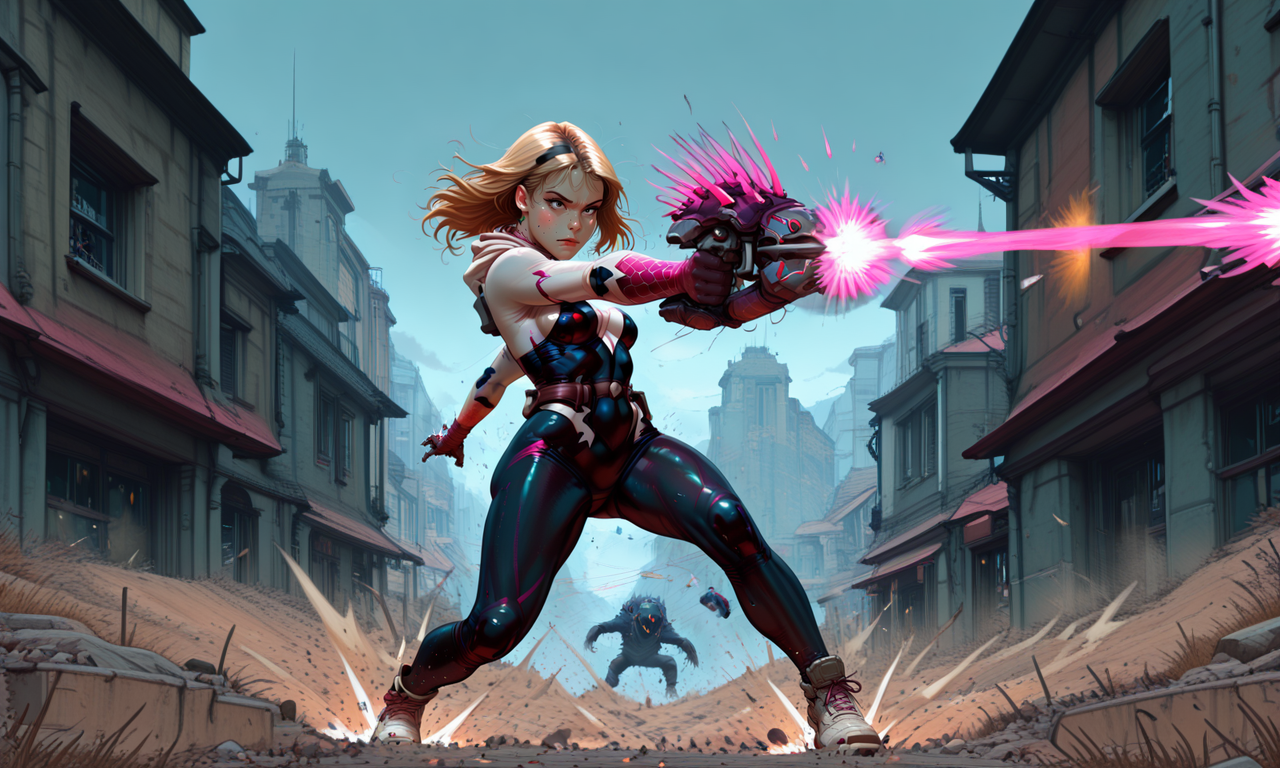 masterpiece, best quality, amazing quality, very aesthetic, absurdres, newest, s0larpunk, determined, gwen stacy_\(spiderman\), needler_\(weapon\), 1girl, firing, solo, outdoors, dynamic pose, motion blur, landing pose, arm out,<lora:needler_v2.safetensors:1.0:1.0> <lora:s0larpunk.safetensors:0.8:0.8>