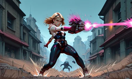masterpiece, best quality, amazing quality, very aesthetic, absurdres, newest, s0larpunk, determined, gwen stacy_\(spiderman\), needler_\(weapon\), 1girl, firing, solo, outdoors, dynamic pose, motion blur, landing pose, arm out,<lora:needler_v2.safetensors:1.0:1.0> <lora:s0larpunk.safetensors:0.8:0.8>