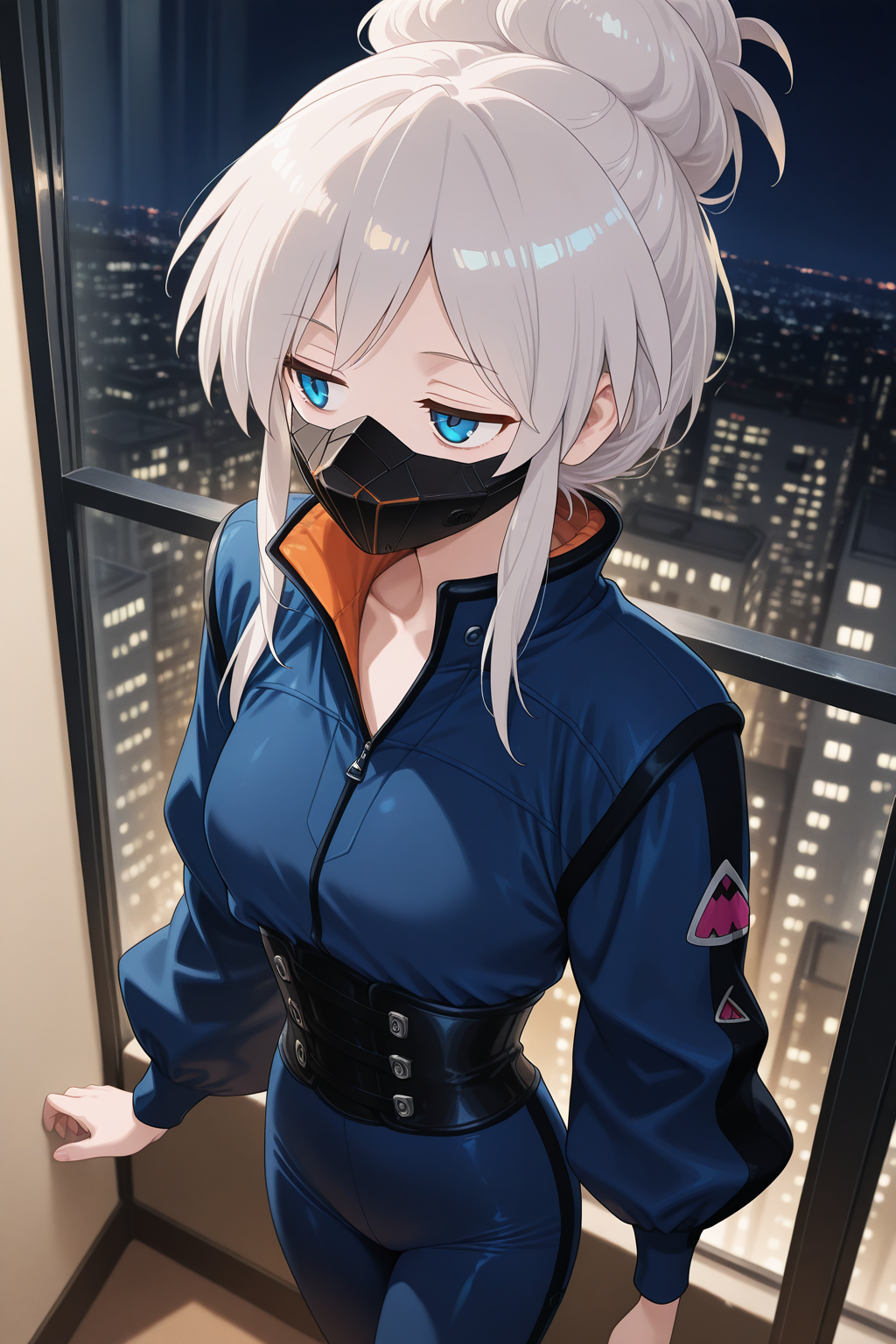1girl,
DeuxMurasameGundamGQ, DMPilotSuit,
general, solo, perspective, upper body,
grey hair, blue eyes, colored eyelashes, jitome,
mouth mask,
popped collar, blue bodysuit, two-tone bodysuit, corset,
looking away, 
night, apartment, glass wall, balcony, soft lighting,
depth of field,
<lora:kp_DeuxMurasameGundamGQIllustrious_v1_1:1.0>,
masterpiece, best quality, amazing quality