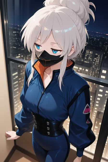 1girl,
DeuxMurasameGundamGQ, DMPilotSuit,
general, solo, perspective, upper body,
grey hair, blue eyes, colored eyelashes, jitome,
mouth mask,
popped collar, blue bodysuit, two-tone bodysuit, corset,
looking away,
night, apartment, glass wall, balcony, soft lighting,
depth of field,
<lora:kp_DeuxMurasameGundamGQIllustrious_v1_1:1.0>,
masterpiece, best quality, amazing quality