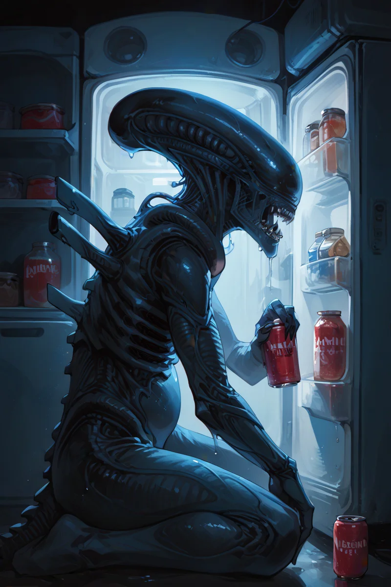 score_9,score_8_up,score_7_up,rating_safe
dof,led light from top,indoor,dof,
source_cartoon, , masterpiece, best quality,
<lora:sdxl_lightning_8step_lora:1>
side view, Horror science fiction movie, blue theme, solemn atmosphere, wet, drooling,fangs, metallic luster,
,alien (franchise), xenomorph, sitting, <lora:xenomorph_pdxl:1>,fat body,bloated figure,
round figure, <lora:fr1dg3XLP:1>,bottle, fr1dg3, open fridge, solo, night, can,