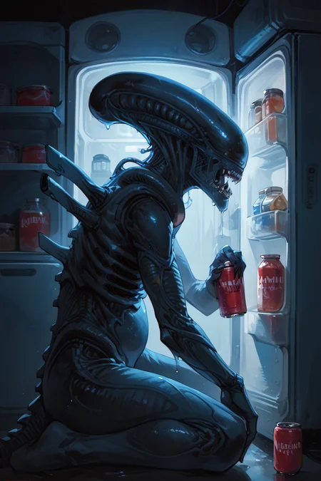 score_9,score_8_up,score_7_up,rating_safe
dof,led light from top,indoor,dof,
source_cartoon, , masterpiece, best quality,
<lora:sdxl_lightning_8step_lora:1>
side view, Horror science fiction movie, blue theme, solemn atmosphere, wet, drooling,fangs, metallic luster,
,alien (franchise), xenomorph, sitting, <lora:xenomorph_pdxl:1>,fat body,bloated figure,
round figure, <lora:fr1dg3XLP:1>,bottle, fr1dg3, open fridge, solo, night, can,