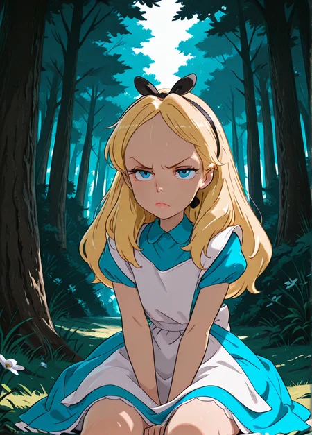 masterpiece, best quality, amazing quality, very aesthetic, absurdres, newest, 4k, 8k, dynamic angle, official style, (jaggy lines, sugimorixd:1.2), outdoors, forest, flowers, grass, sitting, looking at viewer,
alicexd, 1girl, solo, blonde hair, long hair, hairbow, blue dress, white apron, bow, white thighs, lips, blue eyes,
annoyed,
<lora:Expression_Detailer_Illustrious_Lora:0.85>, <lora:sugimoi:1>, <lora:Alice_-_Disney_Illustrious:1>