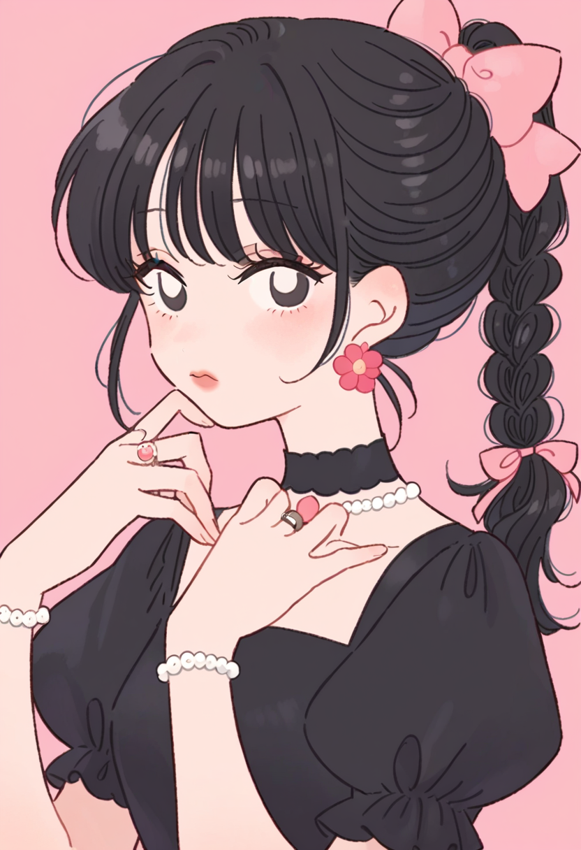 score_9, score_8_up, score_7_up, score_6_up, source_anime, <lora:rikuwo_v0.3-pony:1>
1girl, solo, long hair, looking at viewer, blush, bangs, simple background, black hair, dress, bow, ribbon, jewelry, upper body, ponytail, braid, flower, short sleeves, hair bow, earrings, choker, puffy sleeves, hand up, black eyes, black dress, bracelet, puffy short sleeves, pink background, ring, pink bow, bright pupils, white pupils, braided ponytail, bead bracelet, flower earrings