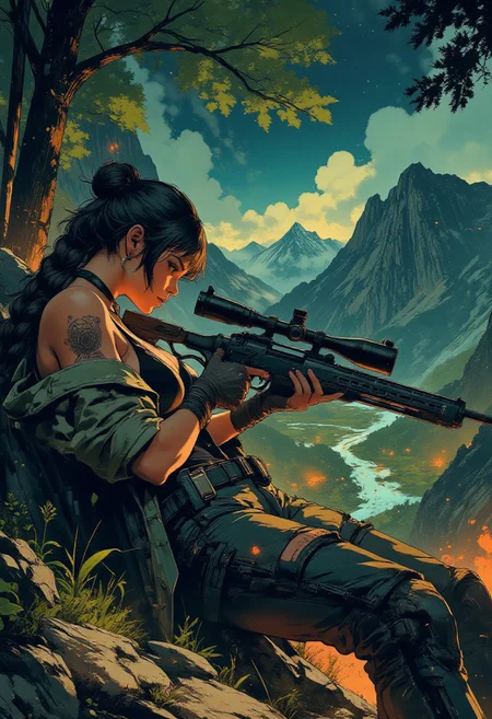 In the style of ff-td, nistyle, Silhouette Art, magnificent, crisp lines, closeup portrait of stunning mercenary, jungle, tropical, mountain top, overlooking a huge valley, beautiful girl, breasts, curvy, looking down scope, looking away from viewer, laying on the ground, laying ontop of jacket, aiming a sniper rifle, dark braided hair, backwards hat, armor, sleeveless, cutoff tanktop, holes ripped in pants, arm sleeve tattoos, muscle tone, dogtags, sweaty, foreshortening, depth of field, at night, night, tropical,
Closeup, detailed face, freckles,
