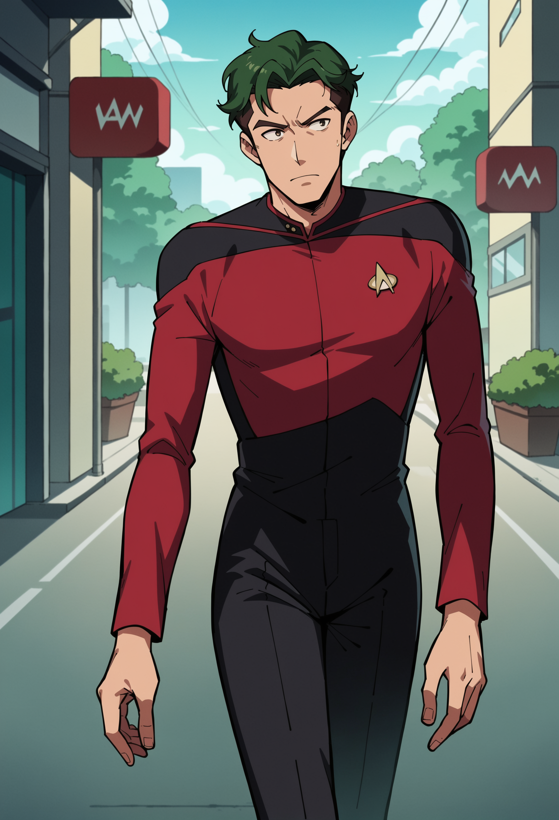 score_9, score_8_up, score_7_up, score_6_up, score_5_up,source_anime, anime screencap, anime coloring, official style, 1boy, solo, male focus, short hair, green hair, green headwear,
walking on a street,
sttng1,star trek red uniform,black shoulders,black pants
,<lora:TNGS1-000030>