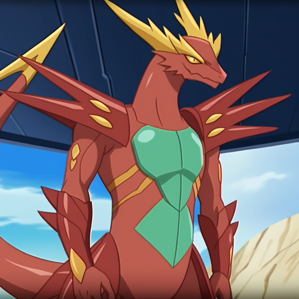 score_7_up, BREAK, source_anime, anime screencap,  <lora:BakuganStyle_PXL_Leaf1C:1>, no humans, red dragon, red scale, yellow horn