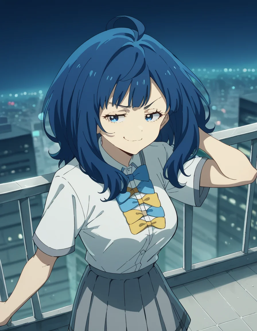 score_9, score_8_up, score_7_up, source_anime, <lora:anna-yanami-s1-ponyxl-lora-nochekaiser:1>, anna yanami, medium hair, blue eyes, ahoge, blue hair, medium breasts, skirt, shirt, bow, school uniform, white shirt, short sleeves, pleated skirt, bowtie, yellow bow, grey skirt, yellow bowtie, blue bow, blue bowtie,, city skyline, rooftop view, night time, city lights, quiet reflection, , , smug, solo,, cowboy shot, dutch angle