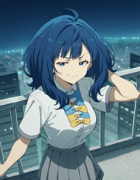 score_9, score_8_up, score_7_up, source_anime, <lora:anna-yanami-s1-ponyxl-lora-nochekaiser:1>, anna yanami, medium hair, blue eyes, ahoge, blue hair, medium breasts, skirt, shirt, bow, school uniform, white shirt, short sleeves, pleated skirt, bowtie, yellow bow, grey skirt, yellow bowtie, blue bow, blue bowtie,, city skyline, rooftop view, night time, city lights, quiet reflection, , , smug, solo,, cowboy shot, dutch angle