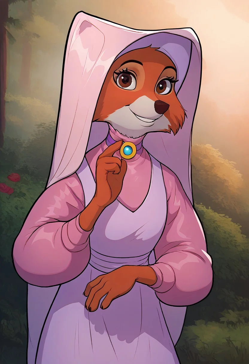 score_9, score_8_up, score_8_up, by minnosimmins, by hioshiru 1girl, solo, source_furry, maid_marian, pink headwear, pink dress, orange fur, smiling, looking at viewer, standing in a forest, sunlit, brown eyes