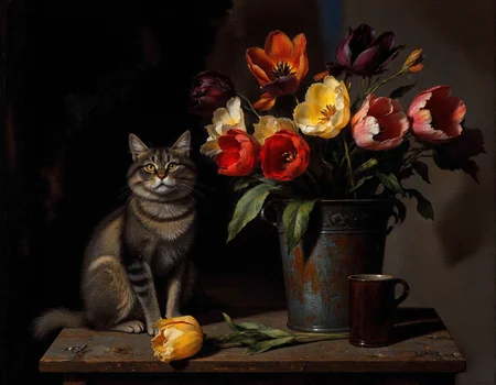 Rembrandt style This photograph captures a serene, rustic still life scene featuring a tabby cat as the central subject. The cat, with a mix of gray, black, and white fur, is sitting on a wooden surface that appears aged and weathered. Its eyes are wide open, giving it an alert and curious expression. The cat's body is positioned upright, with its front paws resting on the edge of the surface.,
To the right of the cat, there is a large, rustic metal container filled with vibrant tulips in various colors including red, yellow, pink, and purple. The tulips have large, open petals and are arranged in a natural, slightly messy way, adding a touch of organic beauty to the composition.,
In front of the container, there is a small, dark brown ceramic mug with a handle. A single tulip, similar to those in the container, lies on the wooden surface in front of the cat, adding to the natural, casual feel of the scene. The background is a dark, muted gray, which contrasts sharply with the vivid colors of the tulips, making them stand out prominently. The overall style of the photograph is realistic with a touch of artistic flair, emphasizing the textures and colors of the objects in a harmonious, visually appealing manner., <lora:chzcat:1> . Baroque, chiaroscuro, realistic, emotional, "flat lighting