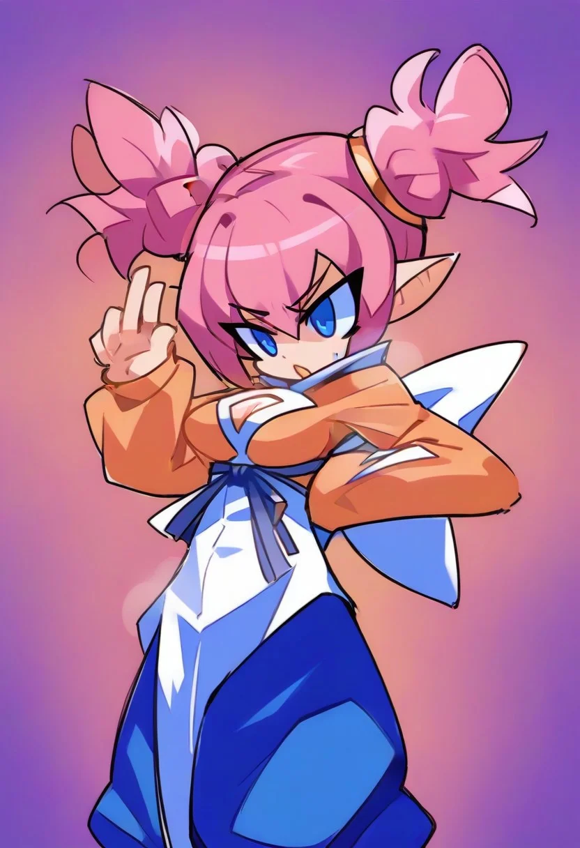 , fghtmstrssxl,twintails,blue eyes,pink hair,short hair,pointy ears,, cleavage cutout,orange shirt with long sleeves,blue pants,long white shirt,blue ribbon,long white pelvic curtain, ,bow,,<lora:FightMistressXL:0.9>,